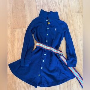 Polo by Ralph Lauren Navy Blue Knit Button-Front Kids Dress with Stripe Belt